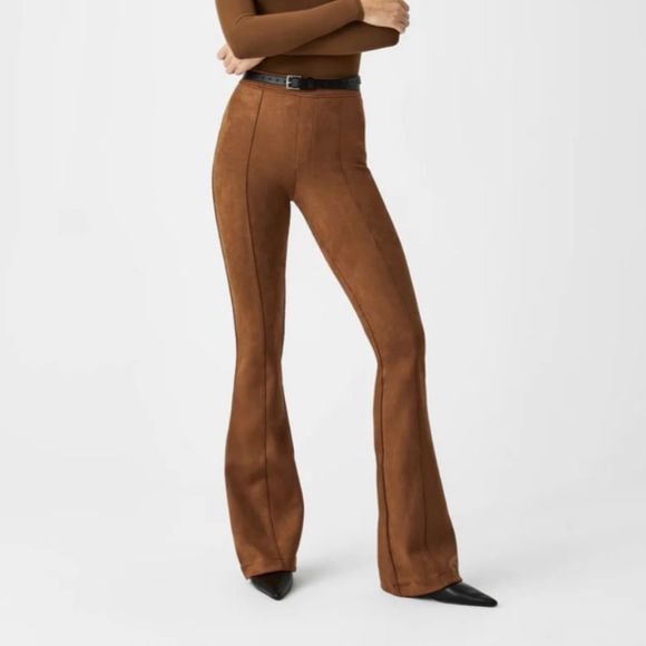 NWT SPANX Faux Suede Flare Pants Sz L in rich caramel from Nordstrom - Picture 1 of 10